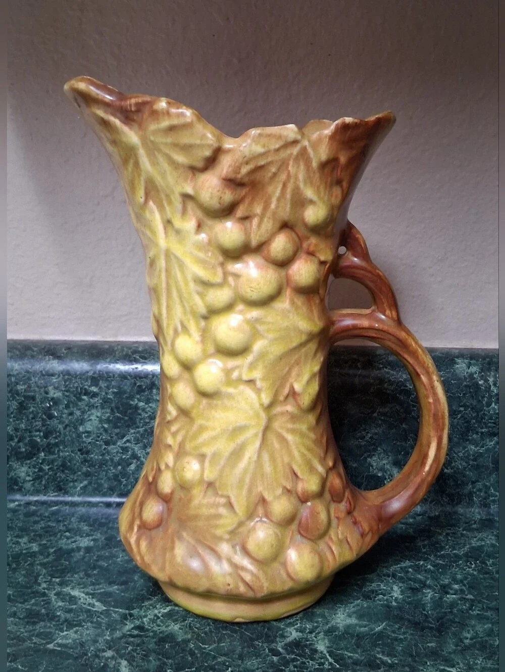 Vintage 1940's McCoy Pottery with Grapes and Leaves Pitcher Yellow,  Brown
